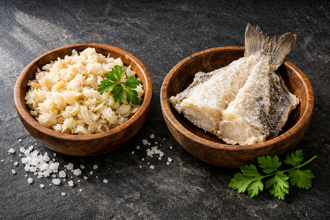 Migas de Bacalhau — a side-by-side comparison of shredded cod flakes and a whole piece of dried salted cod.