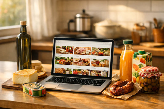 Mercearia portuguesa online — um portátil a mostrar uma loja online rodeado de produtos portugueses numa cozinha.