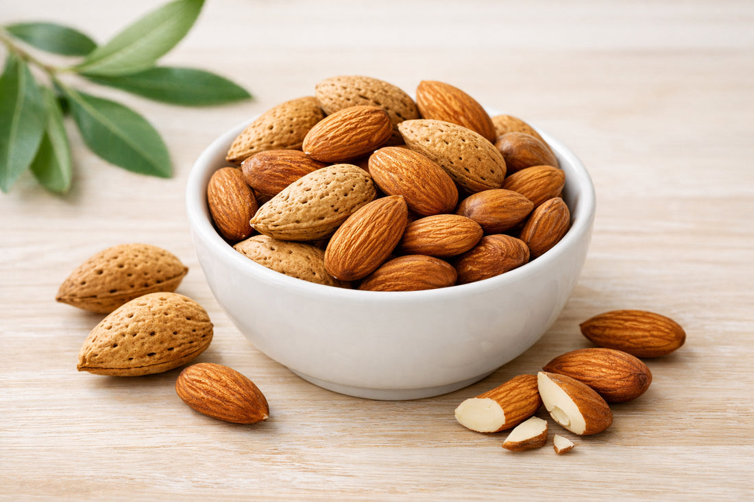 Almond — whole and shelled almonds in a white bowl on a light wooden surface