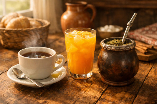Bebidas Portuguesas — An assortment of traditional teas and juices arranged on a rustic wooden table.