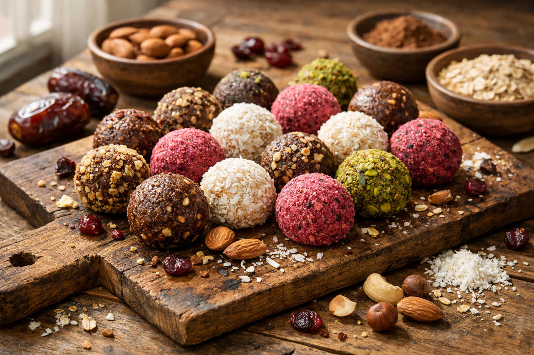 Energieballen — a variety of healthy no-bake energy balls with coconut, chocolate, and berry flavors on a wooden board.