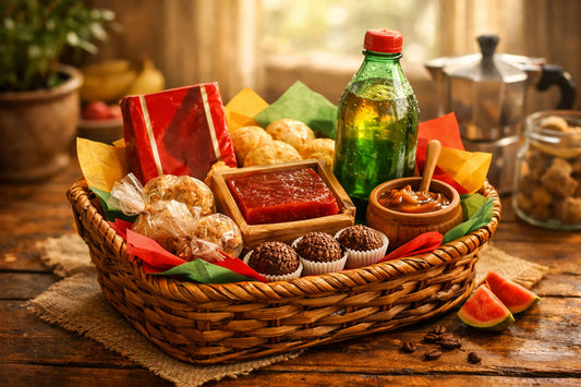 Braziliaans cadeau pakket — a gift basket filled with authentic Brazilian products like coffee and snacks on a wooden table.