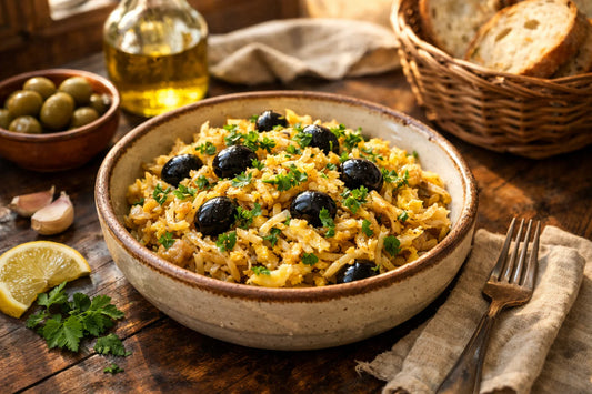 Receitas de Bacalhau — um prato tradicional de Bacalhau à Brás servido numa tigela de cerâmica rústica.