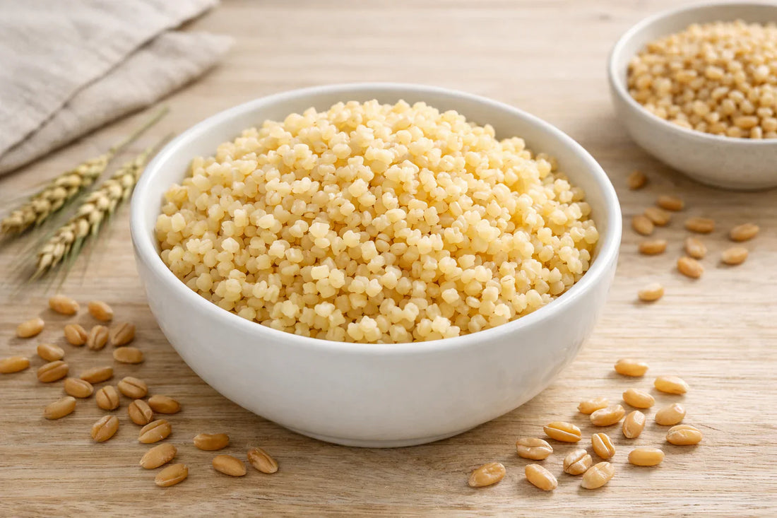 Bulgur wheat — cooked bulgur in a white bowl with raw durum wheat kernels on a wooden surface