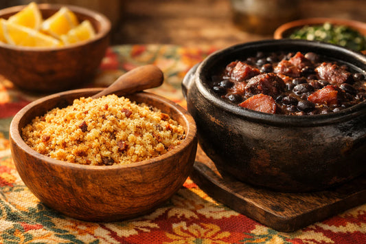 Farofa — een houten kom met goudbruin geroosterd cassavemeel naast een traditionele Braziliaanse feijoada.