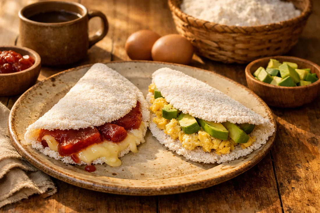 Tapioca Ontbijt Wraps — Freshly made sweet and savory Brazilian tapioca wraps on a rustic plate.