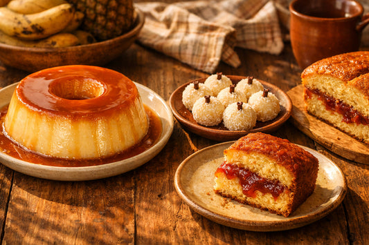 Sobremesas Brasileiras — A spread of traditional desserts including pudim, beijinho, and bolo de goiabada on a rustic table.