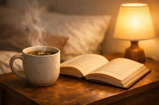 Avondritueel met kruidenthee — een dampende mok thee op een nachtkastje naast een boek en een zachte lamp.