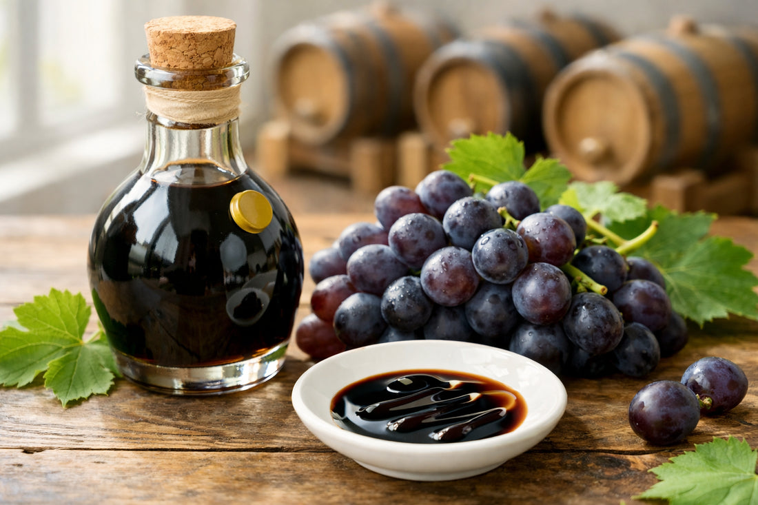 Balsamic Vinegar — authentic bottle with fresh Vitis vinifera grapes and traditional aging barrels