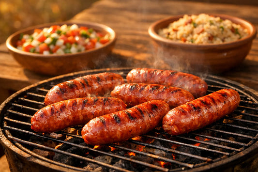 Linguiça Recepten — hele linguiça calabresa worsten sissen op een Braziliaanse barbecue grill.
