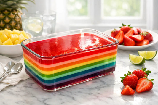 Braziliaanse gelatine desserts — a colorful, multi-layered gelatin dessert in a glass dish with fresh fruit.