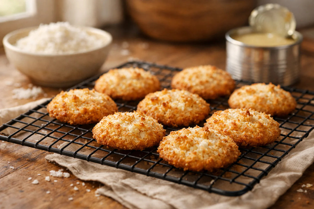 Kokos Koekjes — Freshly baked coconut cookies on a wire cooling rack in a bright kitchen setting.