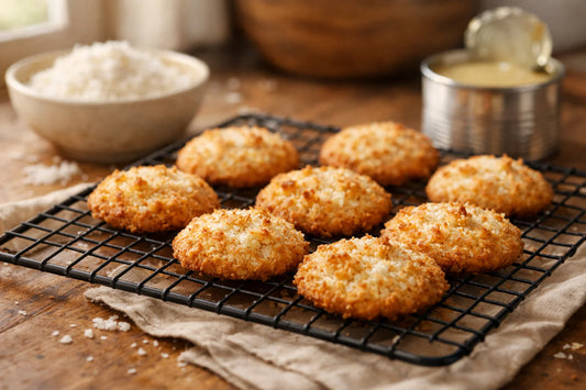 Kokos Koekjes — Freshly baked coconut cookies on a wire cooling rack in a bright kitchen setting.