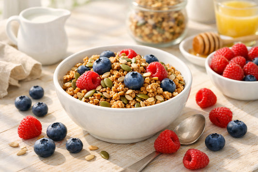 Glutenvrije granola — een kom met boekweit en zaden granola, geserveerd met verse bessen op een houten tafel.