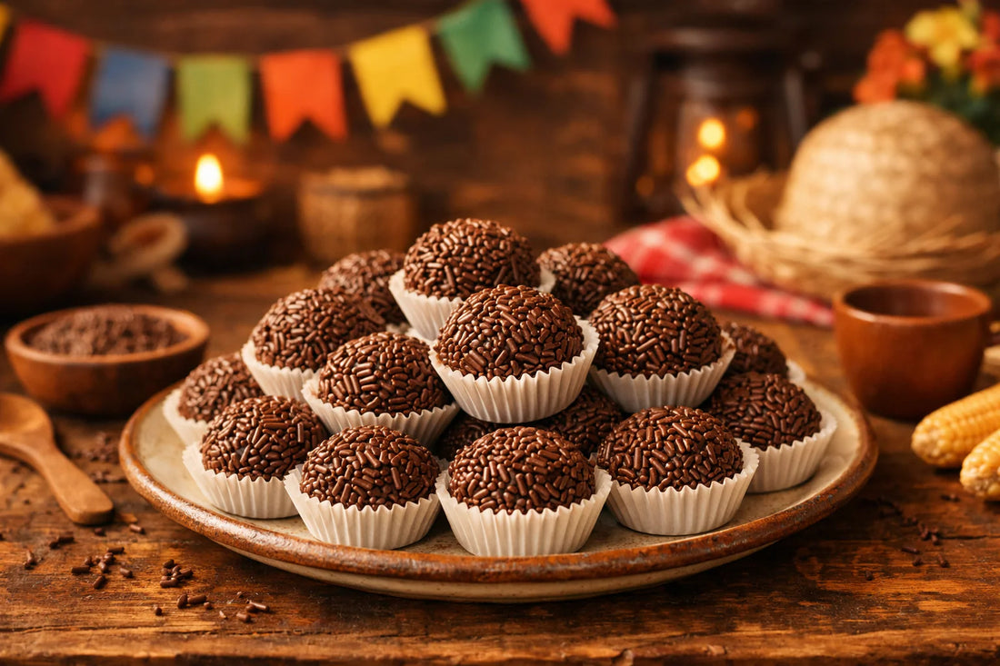 Brigadeiro recept — een schaal met vers gerolde Braziliaanse chocolade brigadeiros bedekt met hagelslag.