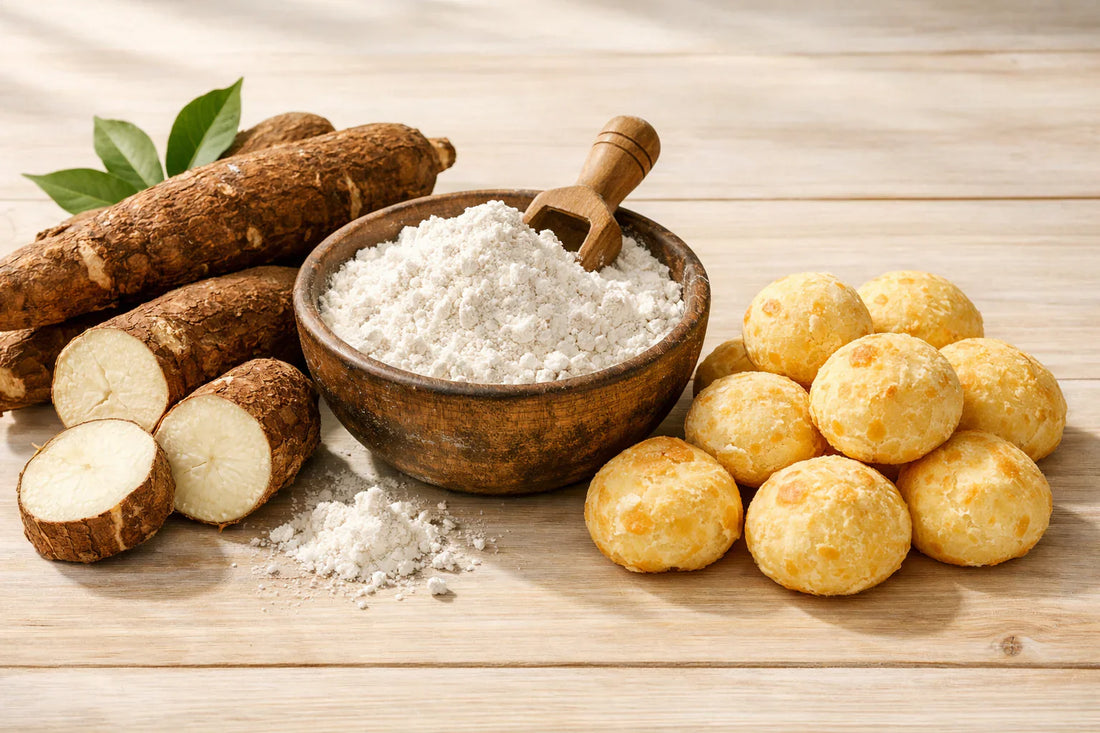 Cassava powder — fresh cassava roots, powder in a bowl, and Pão de Queijo on a wooden surface.