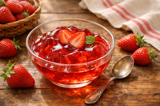 Gelatin dessert — vibrant strawberry gelatin dessert in a glass bowl with fresh strawberries