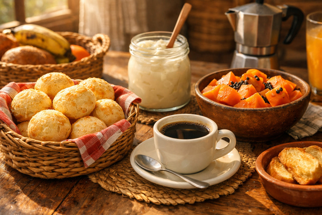 Brazilian breakfast — a complete spread with pão de queijo, coffee, and fresh fruit on a wooden table.