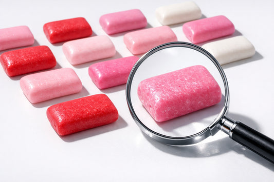 Dr Candy Bubblegum halal — colorful bubblegum pieces on a white surface, with one under a magnifying glass for analysis.