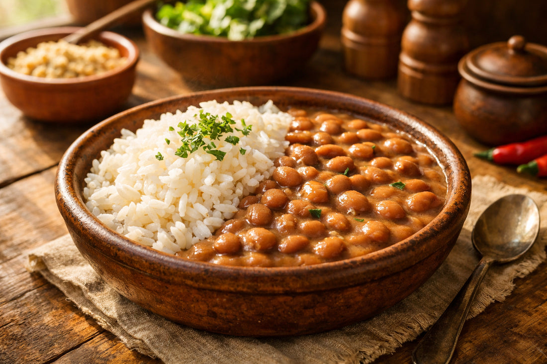 Arroz com Feijão Carioca — a traditional Brazilian plate of fluffy white rice and creamy brown beans in a rustic bowl.