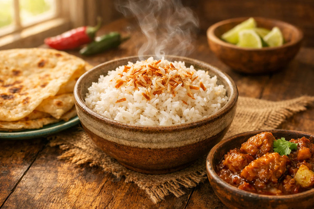 Caribische kokos rijst — a steaming bowl of fluffy coconut rice garnished with toasted coconut next to a Surinamese roti.