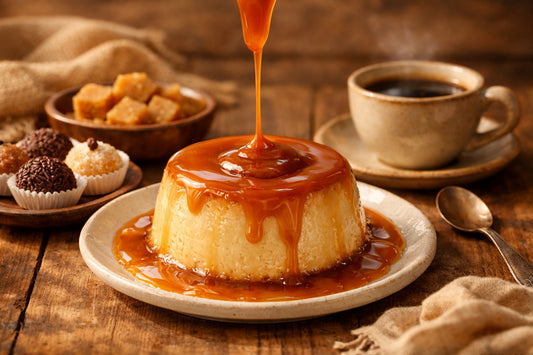 Caramel — liquid caramel drizzled over a Brazilian pudim on a rustic table with coffee