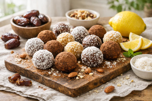 Suikervrije energieballen — a variety of healthy, homemade energy balls with coconut and chocolate on a wooden board.
