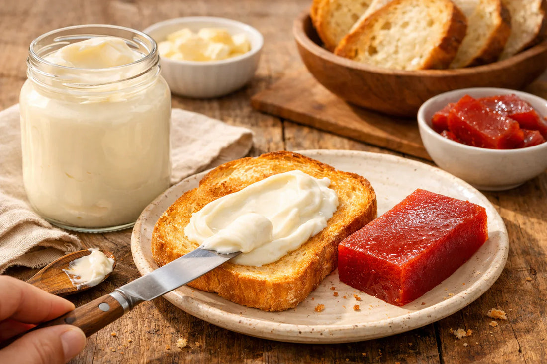 Requeijão kopen — een pot romige Braziliaanse requeijão wordt op toast gesmeerd naast een plak goiabada.
