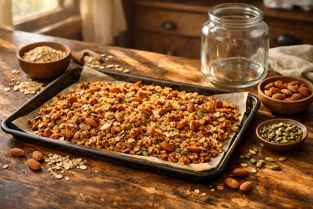 Granola recept — a baking sheet of freshly baked homemade granola with oats, nuts, and seeds cooling on a counter.
