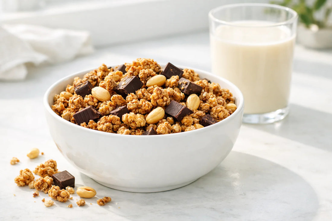 Holie's Granola review — a close-up of a bowl of protein granola with peanuts and dark chocolate pieces.
