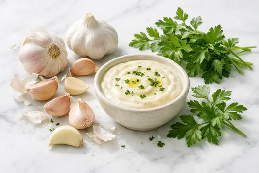 Garlic sauce — fresh garlic cloves and a bowl of garlic sauce with herbs on a white marble surface