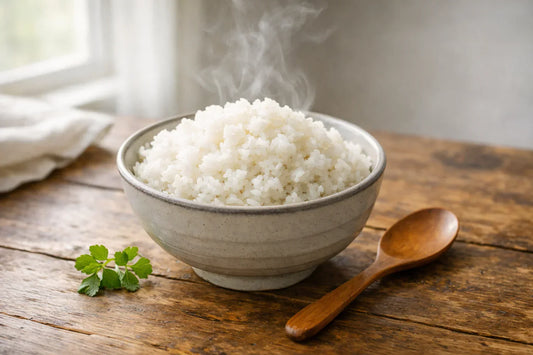 White Rice — a steaming bowl of fluffy white rice on a rustic wooden table