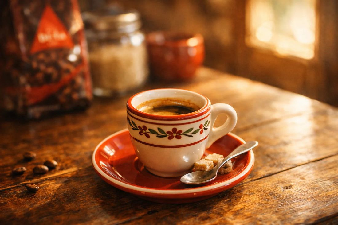Delta Café — A traditional Portuguese 'bica' espresso in a ceramic cup on a rustic wooden table.