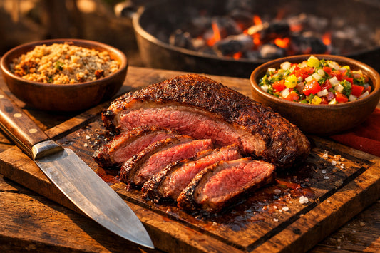 Picanha na Brasa — Sliced Brazilian BBQ steak on a wooden board with traditional sides like farofa and vinagrete.
