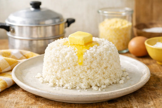 Yoki Flocão — A close-up of fluffy Brazilian cuscuz on a plate with melting butter.