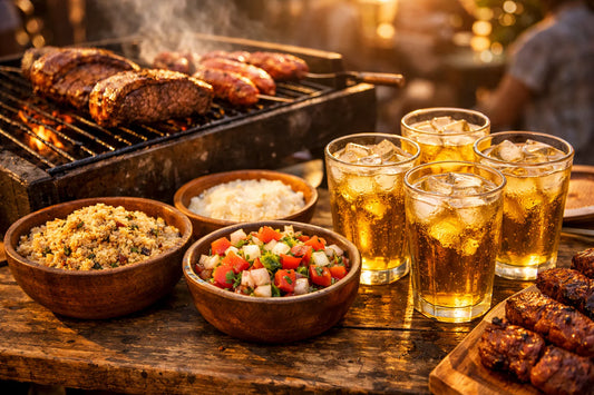 Brazilian Churrasco — a festive table with grilled picanha steak, farofa, and traditional side dishes.