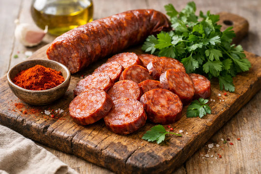 Pork sausage — sliced Portuguese linguiça on a wooden board with fresh herbs
