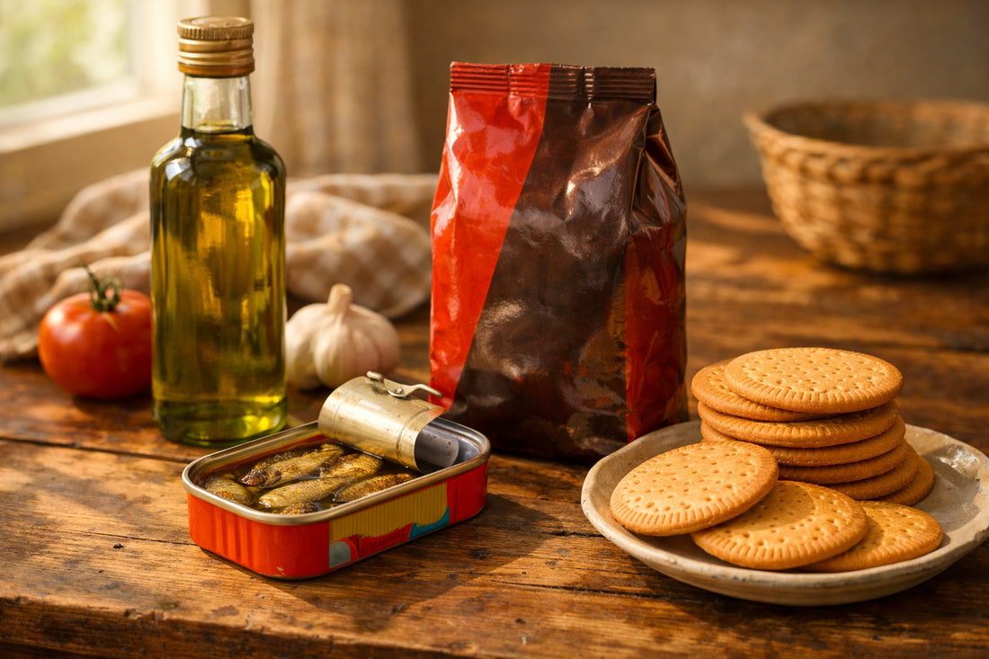 Mercearia Portuguesa na Holanda — a collection of authentic Portuguese products like olive oil, coffee, and cookies on a table.