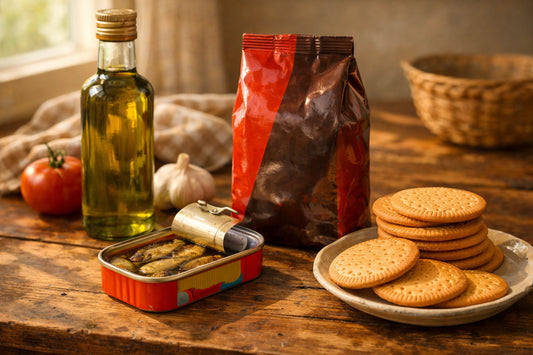 Mercearia Portuguesa na Holanda — a collection of authentic Portuguese products like olive oil, coffee, and cookies on a table.