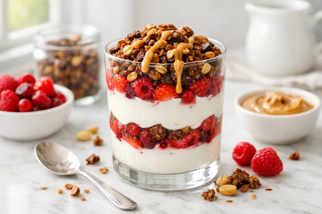 Holie's Granola Ontbijt Recepten — a layered parfait with Greek yogurt, berries, and crunchy granola in a clear glass.