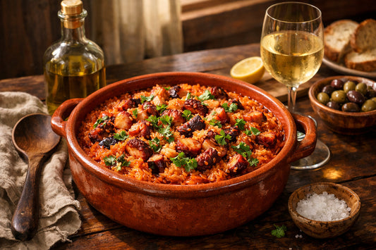 Arroz de Polvo — A traditional Portuguese octopus rice dish served in a rustic terracotta pot on a wooden table.