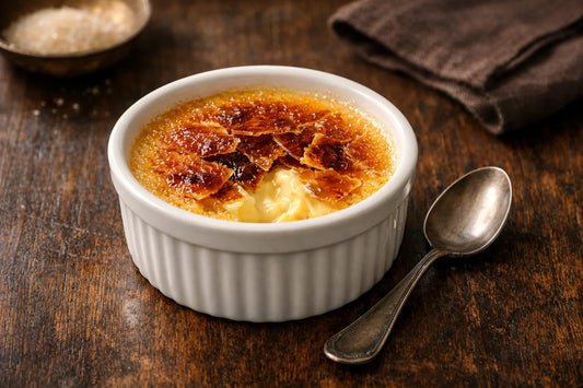 Crème Brûlée — a close-up of the perfectly caramelized sugar top being cracked with a small spoon.