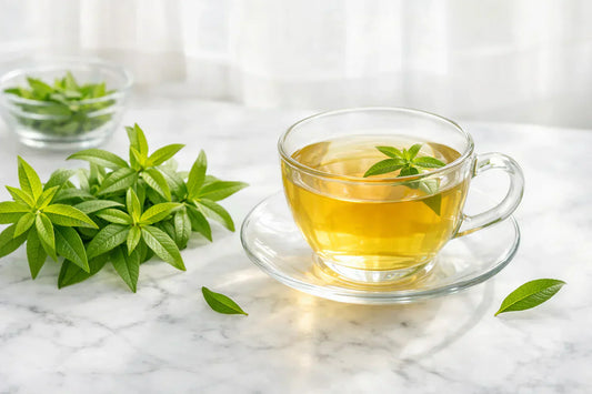 Lemon Verbena tea — fresh herb sprigs and a glass of golden herbal infusion on a marble surface