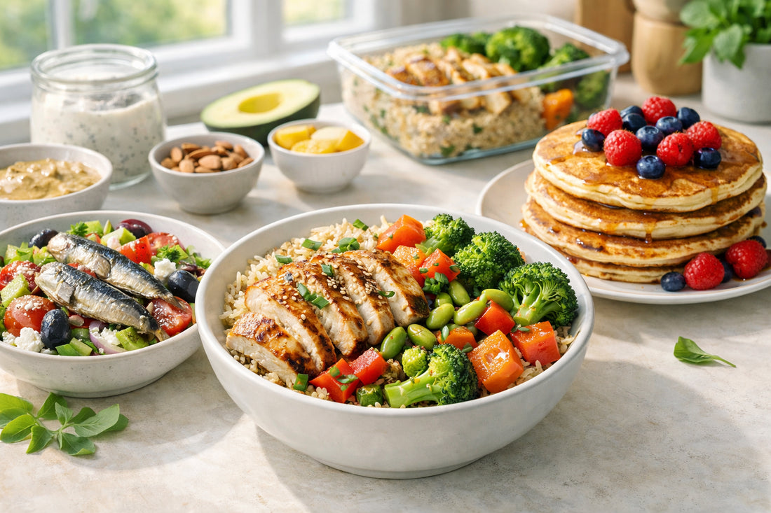 Proteïne recepten — A meal prep scene with a high-protein rice bowl, sardine salad, and protein pancakes on a clean counter.