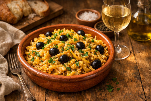 Bacalhau recepten — een klassiek Portugees gerecht, Bacalhau à Brás, geserveerd in een keramische schaal op een rustieke tafel.