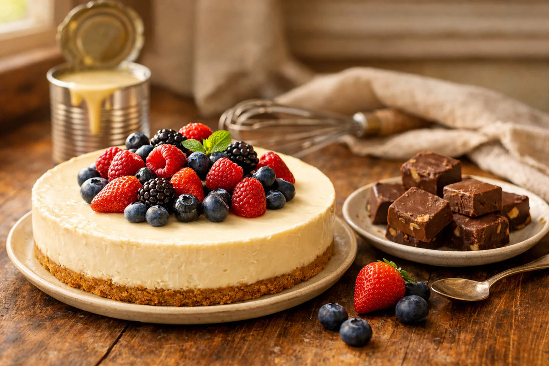 Desserts met gecondenseerde melk — een no-bake cheesecake en chocolade fudge op een houten tafel.