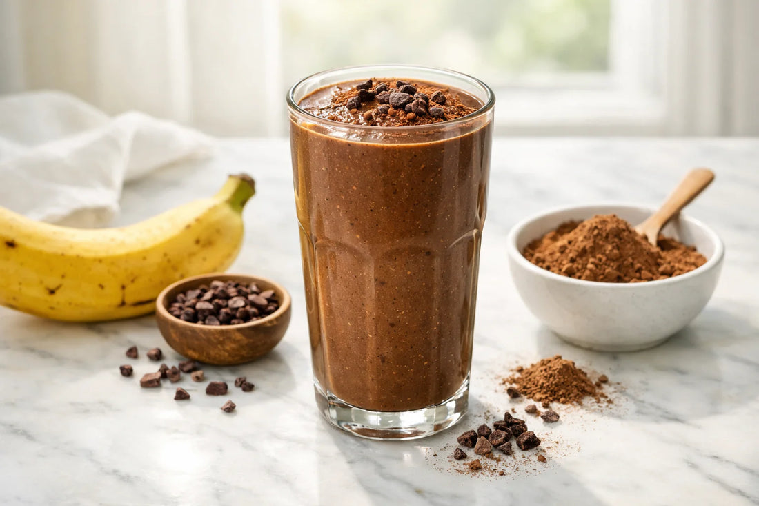 Cacao smoothie — een gezonde chocolade smoothie in een glas, gegarneerd met cacaopoeder en nibs.