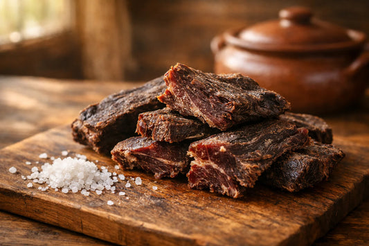 Carne Seca Kopen — Pieces of authentic Brazilian dried beef on a rustic wooden board.