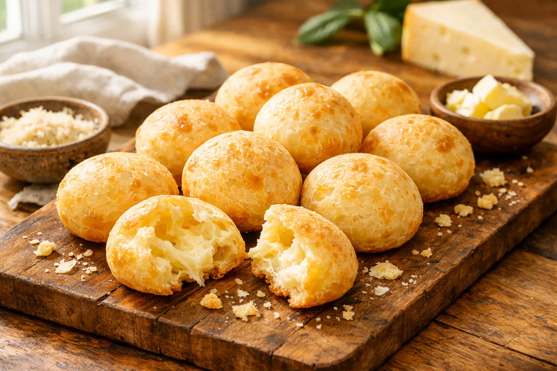 Beste pão de queijo Nederland — a platter of freshly baked Brazilian cheese breads on a rustic board.