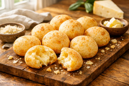 Beste pão de queijo Nederland — a platter of freshly baked Brazilian cheese breads on a rustic board.